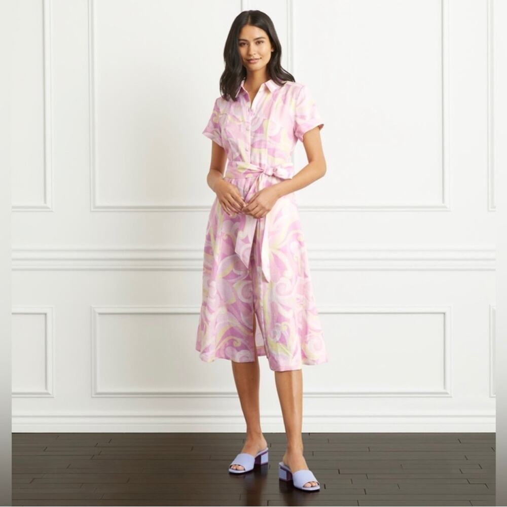 Hill House The Lily Midi Dress Belted 100% Linen Candy Kaleidoscope Pink XXS NWT